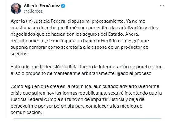 tuit alberto fernandez causa seguros